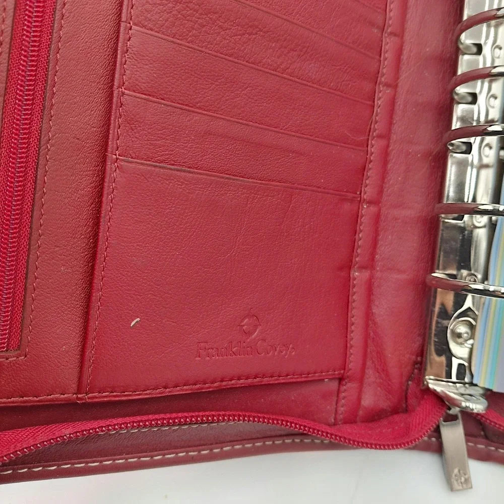 Franklin Covey Red Leather Zip Planner 7 Ring Binder Vtg 11